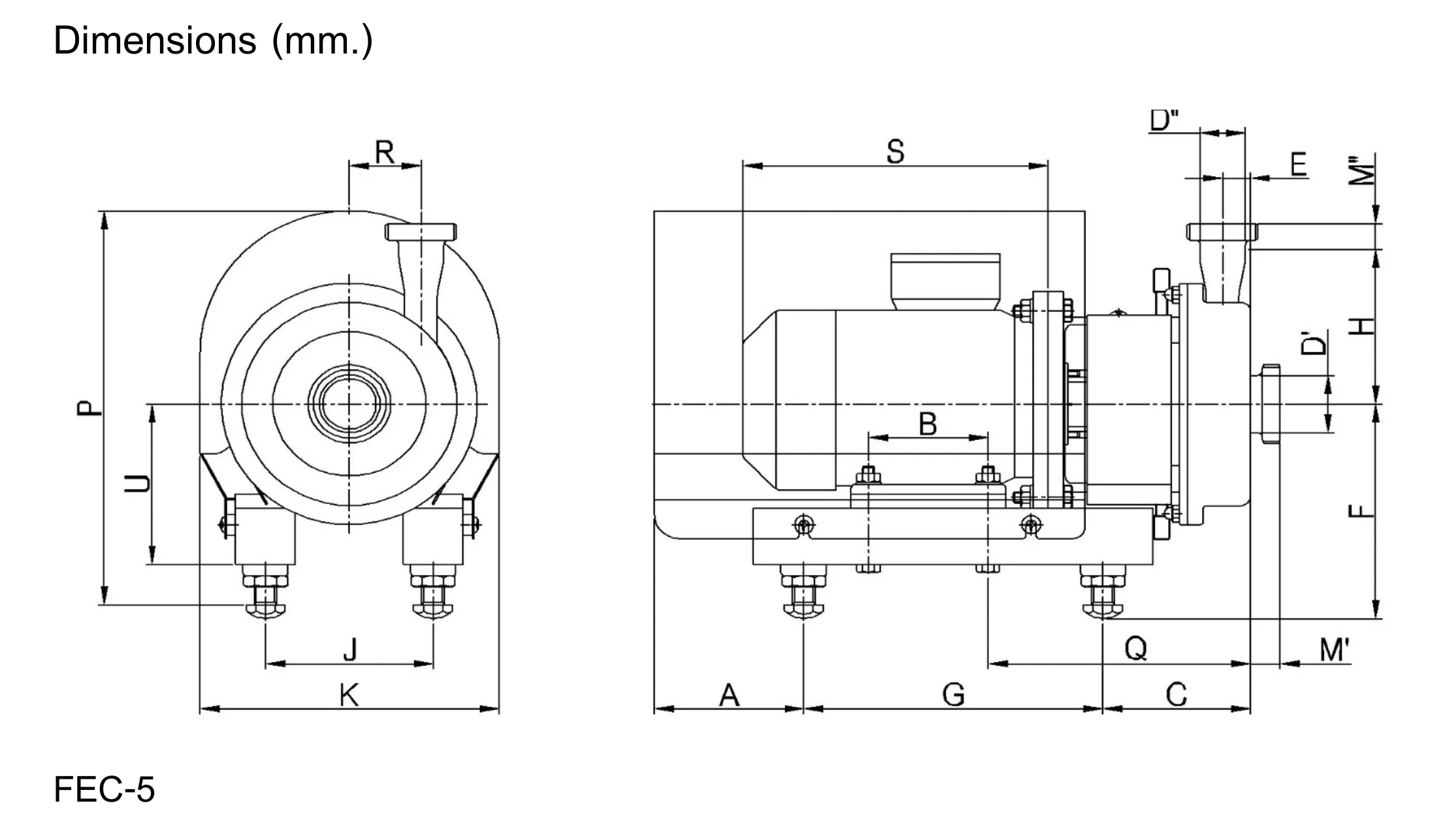 FEC 5 dimensional drawing with lettered measurement labels; dimensions for the 0.55 and 0.75 kW configurations are provided in the accompanying table.