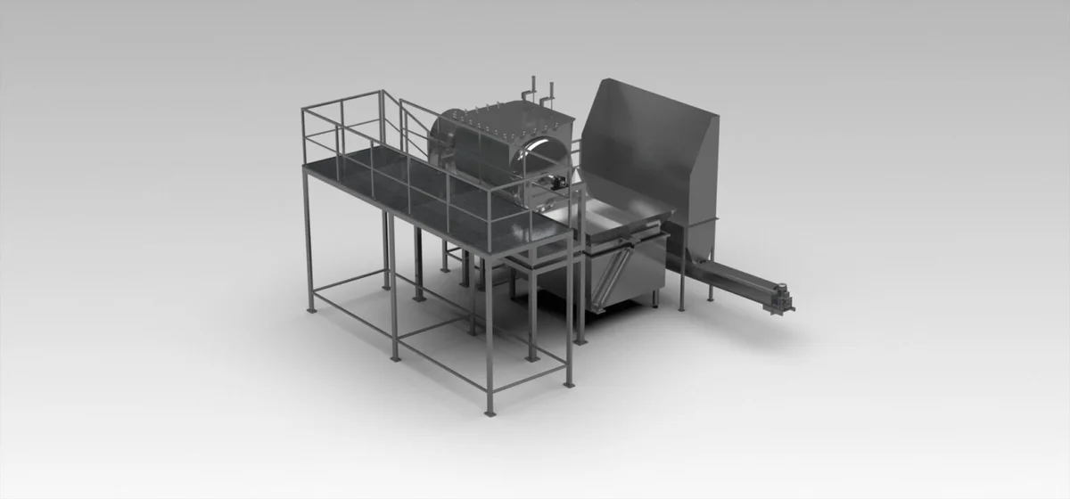 3D illustration of tea extraction equipment with a raised platform, chamber and conveyor.